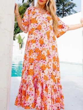 Ivy City Co Maxi Haven Floral Orange Dress Medium